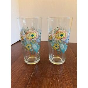 Vintage KIG Indonesia Floral Drinking Glasses Set of 2 Pink Yellow Blue Flowers